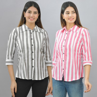 QuaClo Women Striped Casual Grey, Pink, White Shirt(Pack of 2)