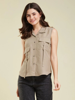 J TURRITOPSIS Women Solid Casual Beige Shirt