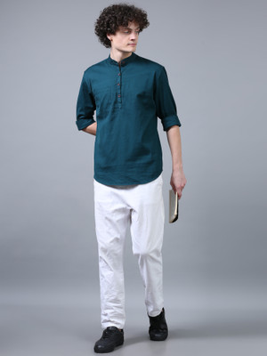 Last stitch Men Solid Straight Kurta(Dark Green)