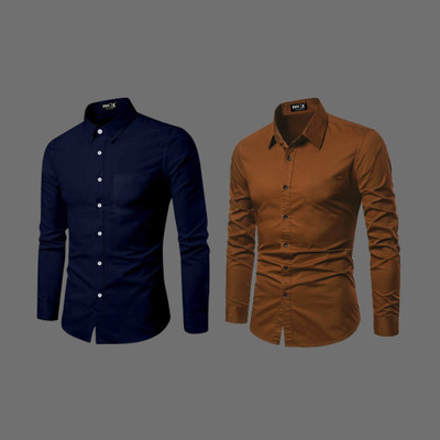 EVIQE Men Solid Casual Blue, Brown Shirt(Pack of 2)