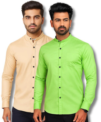 ClothTheory Men Solid Casual Orange, Light Green Shirt(Pack of 2)