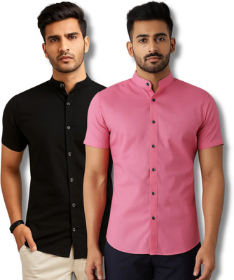 GOD HEART Men Solid Casual Black, Pink Shirt(Pack of 2)