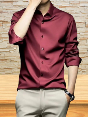 Madhvi Creations Men Self Design Party Maroon Shirt