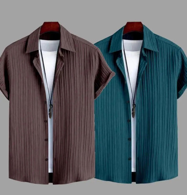 VRLOOKS Men Self Design Casual Brown, Dark Green Shirt(Pack of 2)