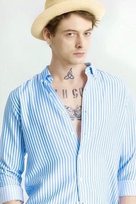 RODEIZ Men Striped Casual Light Blue Shirt