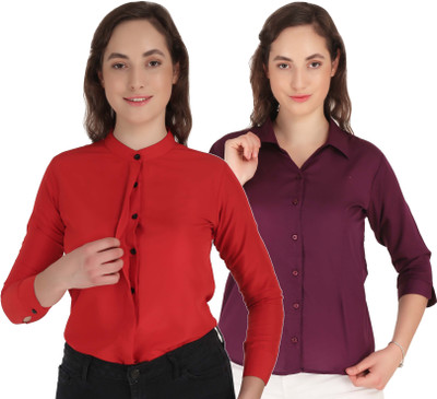 HEAVENS CREATIONS Women Solid Formal Red, Maroon Shirt(Pack of 2)