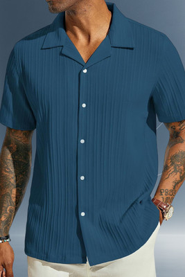 A DEEMOON TREND Men Self Design Casual Blue Shirt
