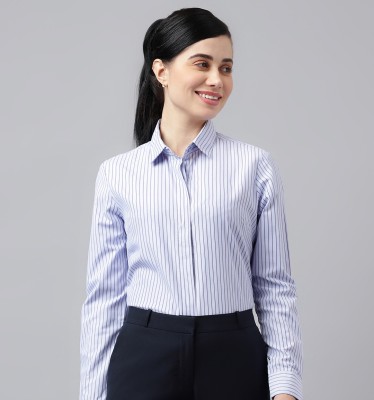 English Navy Women Striped Formal Blue, White Shirt