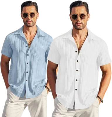 METRONAUT Men Self Design Casual Light Blue, White Shirt(Pack of 2)