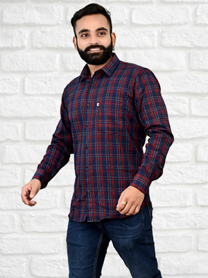 VK WINTER WEAR Men Striped Casual Dark Blue, Red Shirt