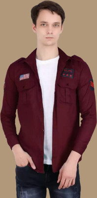 Super Waston Men Embroidered Casual Maroon Shirt
