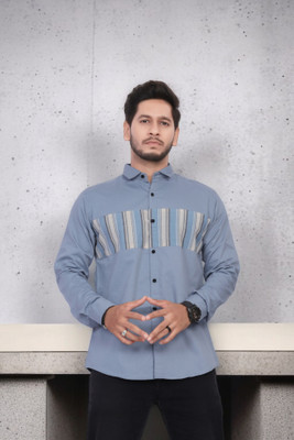 U and J Men Striped Casual Blue Shirt