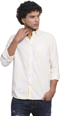BEING HUMAN Men Striped Casual Yellow Shirt