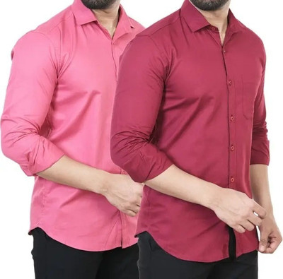 Hansroop Men Solid Casual Pink, Maroon Shirt(Pack of 2)