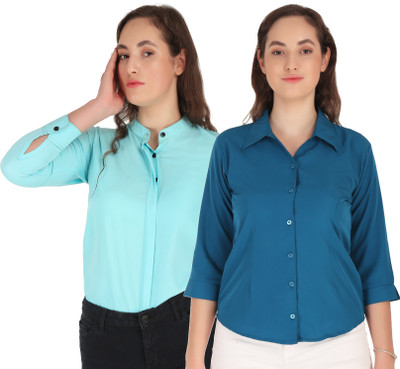 Mamnoon Women Solid Formal Blue, Light Blue Shirt(Pack of 2)