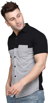 GEUM Men Solid Formal Silver, Black Shirt