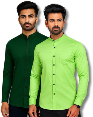 CROWNTAIL Men Solid Casual Green, Light Green Shirt(Pack of 2)