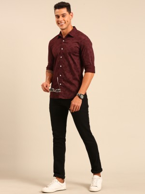 JOVEN Men Printed Casual Maroon Shirt