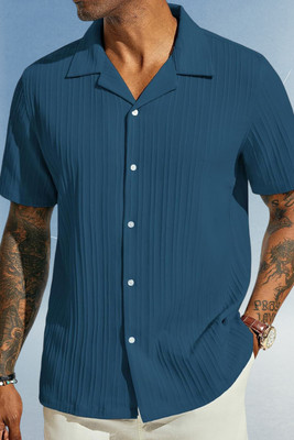 A DEEMOON TREND Men Self Design Casual Blue Shirt