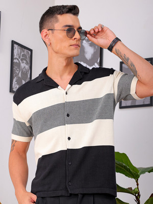 The Indian Garage Co. Men Striped Beach Wear Grey Shirt