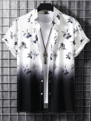 HouseOfCommon Men Floral Print Casual White, Dark Blue Shirt