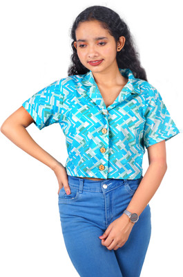 FESNOVA Women Printed, Self Design Casual Blue Shirt