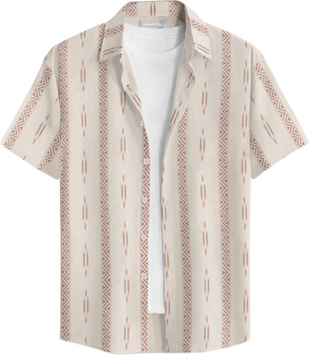Bullmer Men Printed Casual Beige, Maroon Shirt