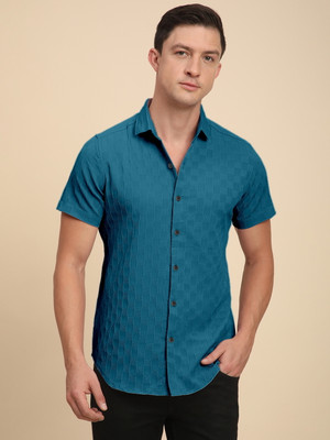 Voroxy Men Self Design Casual Dark Blue Shirt
