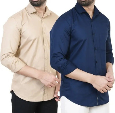 Hansroop Men Solid Casual Dark Blue, Cream Shirt(Pack of 2)
