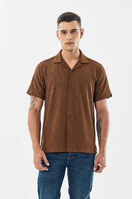 Snitch Men Self Design Casual Brown Shirt
