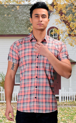 BASE 41 Men Checkered Casual Pink Shirt