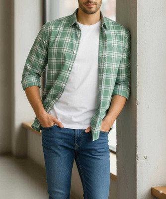 Fashion Men Checkered Formal Light Green, White Shirt