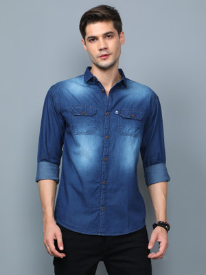 AIDAN PAUL Men Washed Casual Dark Blue Shirt