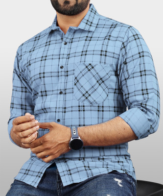 VeBNoR Men Checkered Casual Blue Shirt