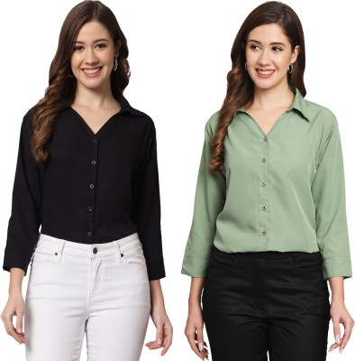 FUNDAY FASHION Women Solid Casual Black, Green Shirt(Pack of 2)