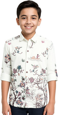 CAVIO Boys Floral Print Casual White Shirt