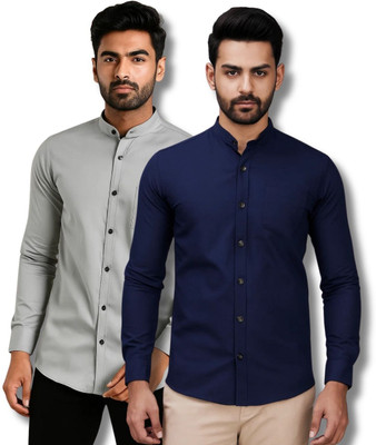 COTTONCHHAP Men Solid Casual Grey, Dark Blue Shirt(Pack of 2)