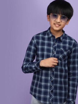 V-MART Boys Checkered Casual Dark Blue, Light Blue Shirt