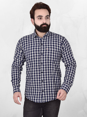 VK WINTER WEAR Men Checkered Casual Dark Blue, White Shirt