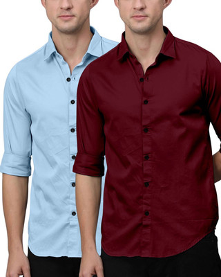WeBRoaR Men Solid Casual Maroon, Light Blue Shirt(Pack of 2)
