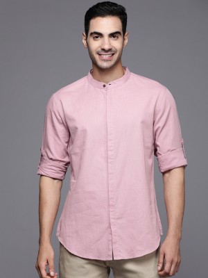 Indo Era Men Solid Casual Pink Shirt