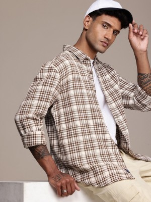 Roadster Men Checkered Casual Brown, White Shirt