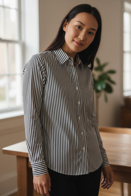 FUBACK Women Striped Casual Black, White Shirt