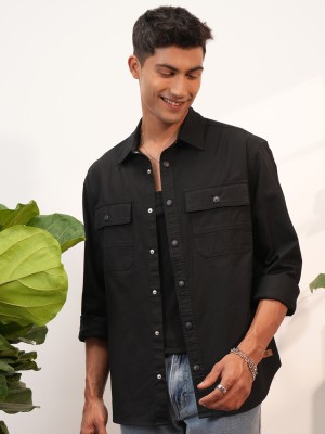 LOCOMOTIVE Men Solid Casual Black Shirt