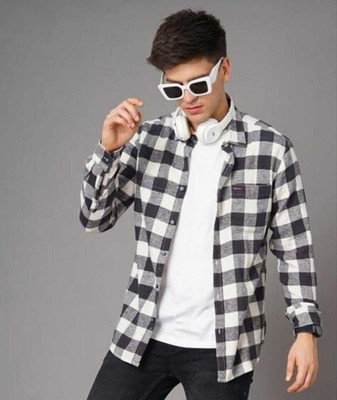 Om Creation Men Checkered Casual White, Black Shirt