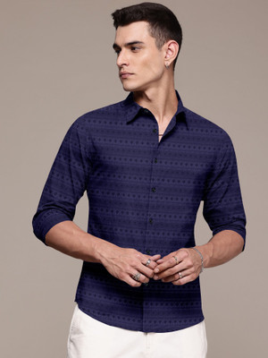 Growwax Men Self Design Casual Dark Blue Shirt