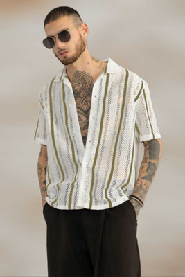 Viradha Men Striped Casual Light Green Shirt