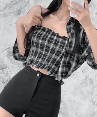 Arham Women Checkered Casual Black Shirt