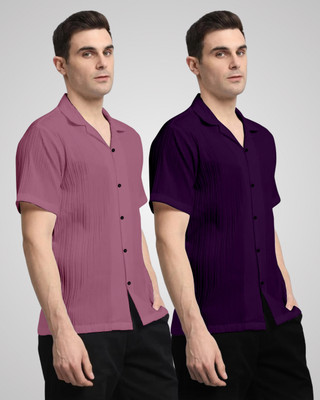 HEMAS LIFESTYLE Men Self Design, Solid Casual Pink, Purple Shirt(Pack of 2)