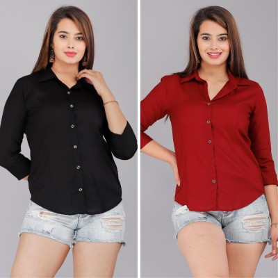 GEHU GARMENTS Women Solid Casual Black, Maroon Shirt(Pack of 2)